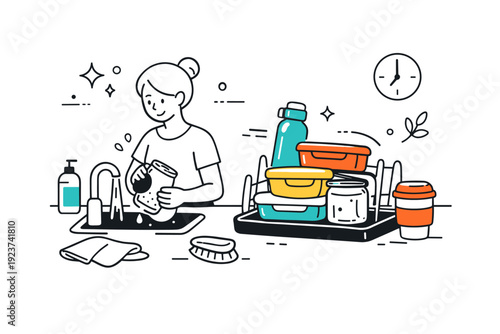 Reused containers lifestyle. End-of-day kitchen moment where reused containers are being washed and stacked to dry, soft light and open space