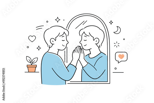 Emotional wellbeing routine. A relaxed person touching the mirror softly, acknowledging their reflection with warmth. The atmosphere feels