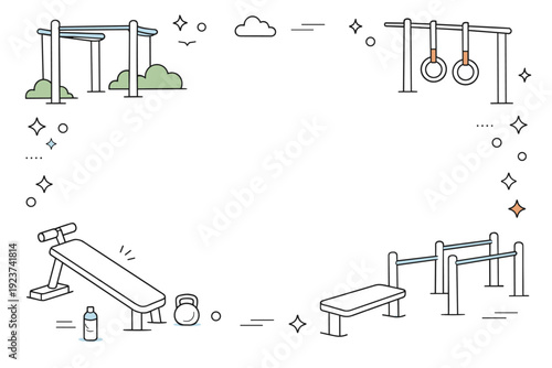 Park fitness equipment training. Editorial background with fitness bars, rings, and benches forming a soft frame around empty space. Versatile layout for