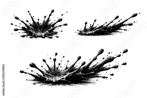 Ink splash dot form object shown in three views including front view, side view, and angled view emphasizing dynamic spread and volumetric thickness. Black and