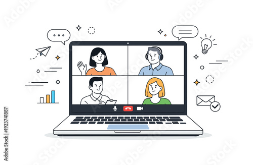 Diverse team collaborating remotely on a video conference call using a laptop