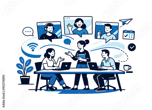 Flexible work environment. Employees collaborate both in-office and online, video calls