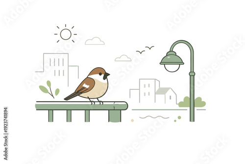 Small nature detail in the city. A bird perched on a railing or lamp post with buildings softly suggested in the background. Stillness, observation, and gentle