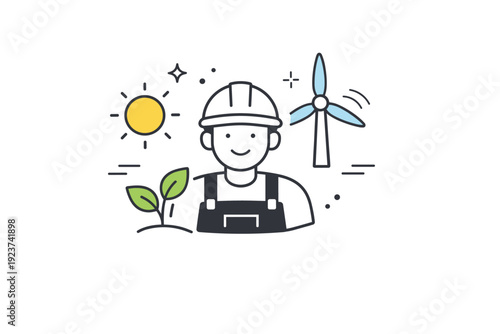 Sustainable future work. A worker icon combined with renewable symbols like sun, wind, and plant elements. The mood is optimistic and
