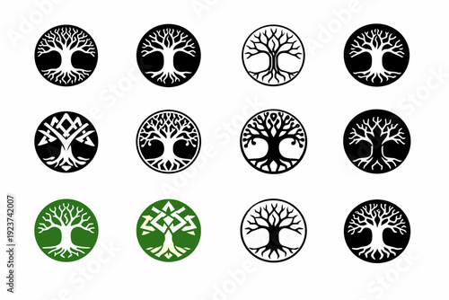 Yggdrasil tree. Icon set. Set Logo of Yggdrasil tree: nine worlds symbolized branches. harmonious logo variations of the same emblematic