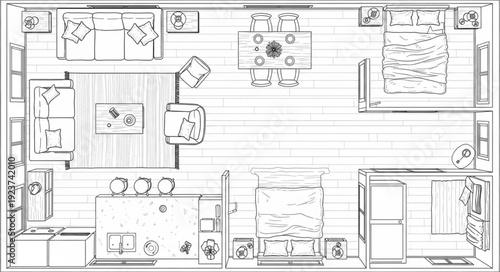 Detailed floor plan of a modern apartment showcasing interior design elements.