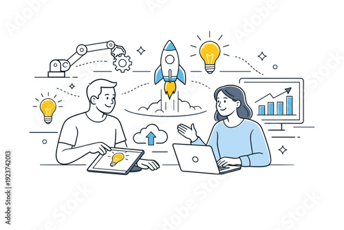 Technology and innovation themes. Two people collaborating around abstract devices and glowing idea symbols, connected by clean lines. The