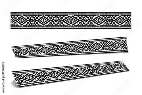 Ethnic border pattern strip. A horizontal ethnic border pattern strip with rhythmic symbols and spacing is shown from three different angles: straight-on view,