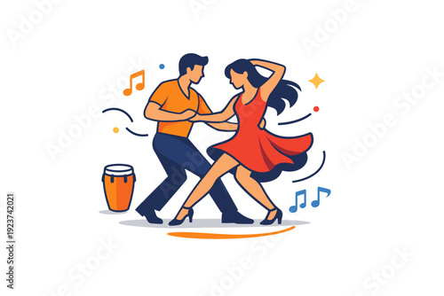 Salsa and Latin dance capturing energetic movement and expressive rhythm. A compact scene with dancing figures suggested through flowing shapes and dynamic