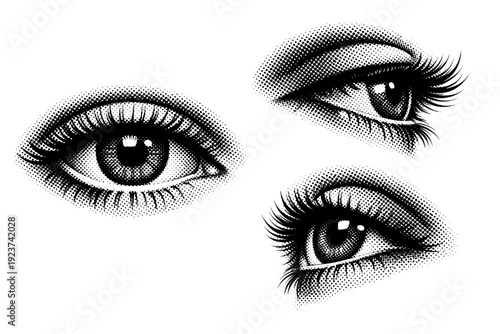 Eye Macro Halftone. Human eye macro a human eye emphasizing eyelashes and eyelid contour shown from front view side view and tilted view maintaining anatomical