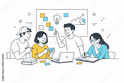 University students teamwork. A study group brainstorms ideas using sticky notes and simple charts. Creative problem-solving mood with open body language.