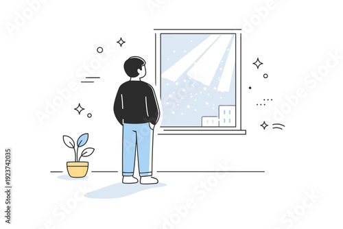 Dust particles in sunlight. Person standing still near a window, sunlight revealing tiny dust particles floating in the air. Quiet