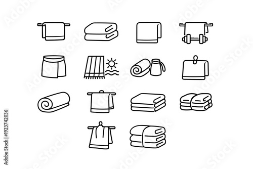 Towel Types. Line icon set of Towel Types: hand towel, bath towel, face towel, gym towel, sauna towel, beach towel, travel towel, towel with