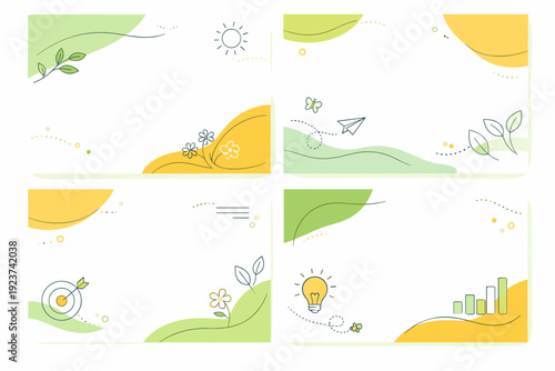 Corporate spring background sets. Layered abstract shapes and gentle gradients-free color blocks forming a clean spring-themed backdrop for