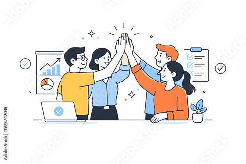 Celebratory Team High-Five. High five project success. A calm editorial scene of a team celebrating a finished project with a collective high five. Charts or