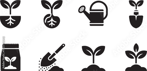 Hand drawn set of gardening tools and growing plants isolated on transparent background