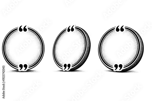 Quote emblem template with circular frame and inner text field shown from front view, side view, and three-quarter view as a single object