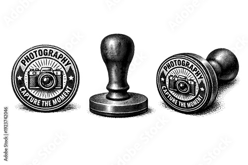 Photography stamp logo. A realistic photography stamp logo shown as a single object from three different angles: front view, side view, and three-quarter view.