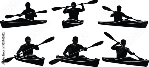 Kayaking silhouette set featuring athletes paddling in canoes black icons collection on white background cad drawing flat vector illustration, outdoor sports.