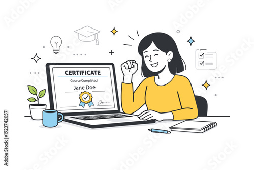 Professional development online courses. Confident learner completing a course and receiving a digital certificate on screen. Positive
