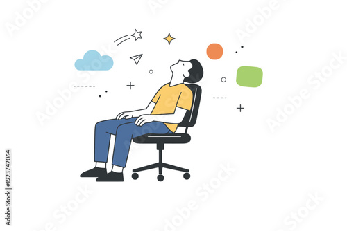 People leaning heads back. A seated figure leans back in a chair, head tilted upward, hands resting loosely. Feeling of mental reset and short break, abstract