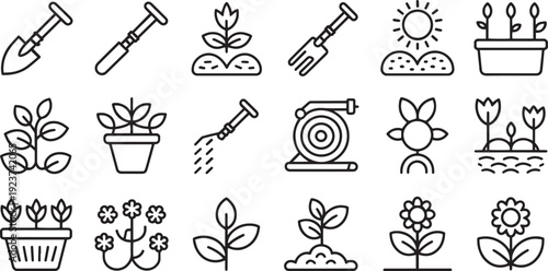 Hand drawn set of gardening tools and plant growth stages isolated on transparent background