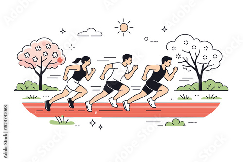 Speed endurance intervals in spring. A clean editorial scene showing runners performing interval sprints on a track lined with blooming trees and fresh grass,