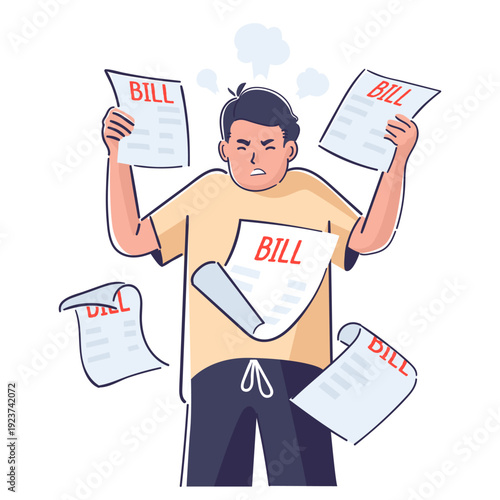Angry furious man hand drawn character surrounded by floating paper bills, invoices, and debt