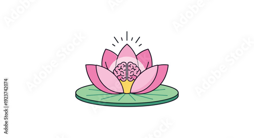 A pink lotus flower blooming on a lily pad reveals a detailed human brain glowing inside its open petals, Generative AI.