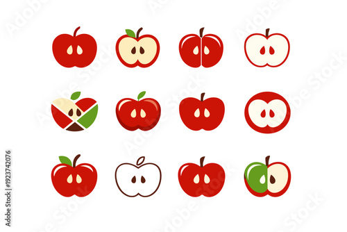 Crisp Apple. Icon set. Set Logo of Crisp Apple: apple slice cross-section. harmonious logo variations of the same emblematic concept, each