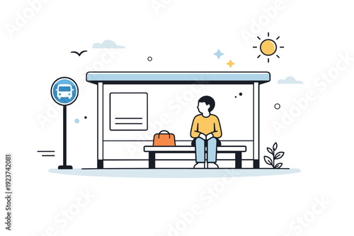 Quiet bus stops. Person sitting alone on a bench at a bus stop, soft morning light and minimal background activity. Calm anticipation and