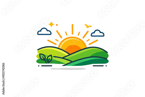 Spring sunrise a warm sun rising above gentle hills and fresh greenery, expressing hope, renewal, and the quiet beginning of a new day.