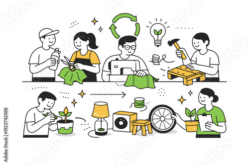 Sustainable upcycling. Multiple simple characters collaborating to turn waste into new items. Friendly teamwork atmosphere, shared responsibility, and circular