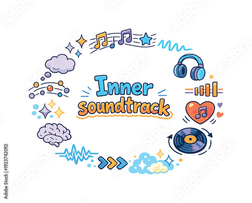 Inner Soundtrack Illustration. Inner soundtrack. Hand drawn illustration of Inner soundtrack. music notes halo