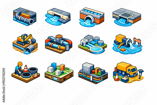 Urban Infrastructure. Colorful isometric vector icons set of Urban Infrastructure: city drainage network, roadside gutter, bridge water