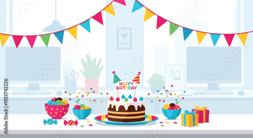 A festive office table is decorated with a birthday cake, assorted candies, presents, and colorful confetti under party flags.