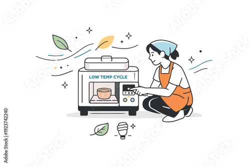 low-impact kiln use. A potter adjusting the settings on a compact kiln labeled ?low temp cycle?, with floating abstract leaves and motion