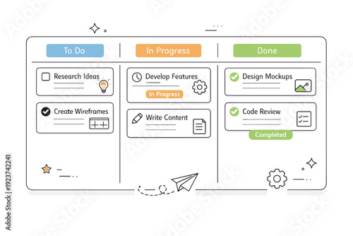 Project management board close-up. A digital kanban board with neatly arranged task cards, progress columns, and subtle status labels. Calm