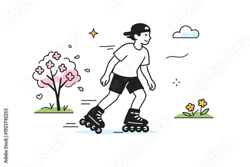 Spring rollerblade cruising. Solo skater enjoying quiet momentum, focused yet relaxed expression, blooming trees and light wind suggested