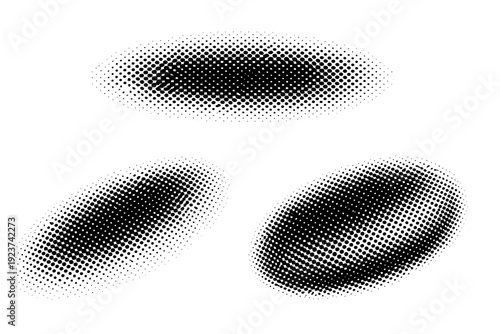 Comic coarse halftone dot texture shown as a single object presented in three views: flat top view, angled view, and three-quarter