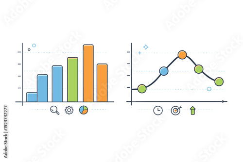 Charts and graphs illustration. Clean bar and line charts with simple axes and rounded data points, calm analytical mood. Clear and friendly visualization of