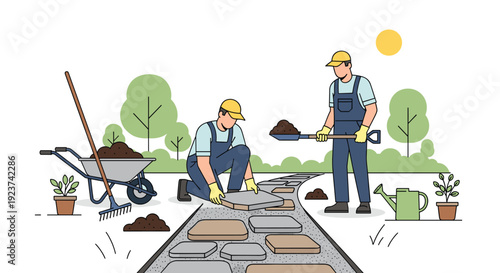 Two men are installing paving stones for a garden path, using a shovel, rake, and wheelbarrow filled with soil.