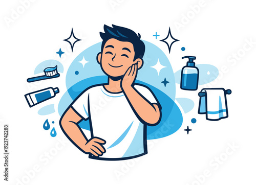 Everyday freshness. Person smiling confidently after completing hygiene routine, clean lines