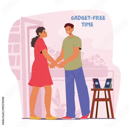 Young couple enjoying gadget free time together by disconnecting from digital devices cartoon scene