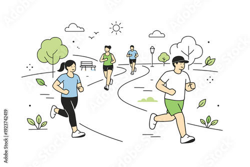 Joggers in the Park. Joggers reappearing in parks. Several joggers appear at different distances along a park path, creating depth and rhythm. The mood feels