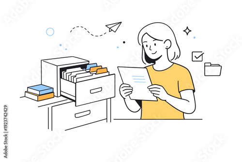 Document storage and organization. Clean filing cabinet drawers with well-arranged folders, a character reviewing a paper before filing it. A