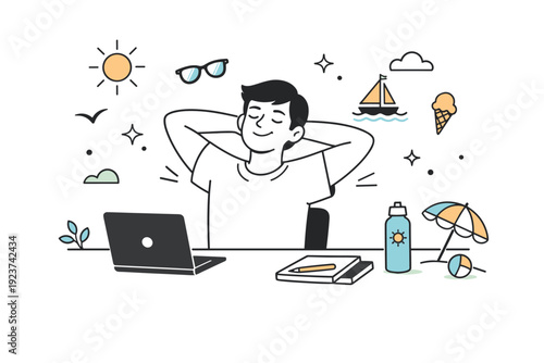 Summer-focused deep work sessions. End-of-session moment where a person pauses, stretches slightly, and looks satisfied after focused work. Gentle summer icons