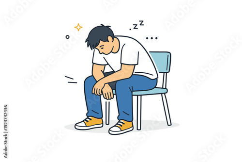 People sitting slouched. A person sitting on a chair with rounded shoulders, elbows resting on thighs, gaze lowered. The scene conveys tiredness and a natural,