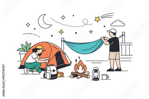 Backyard camping. A person or small group setting up a simple tent or hammock in a backyard or balcony, showing creativity and local adventure spirit. Cozy and