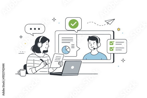 Remote collaboration lifestyle shots. A focused task-sharing scene with a person reviewing documents on a screen while messages or checkmarks